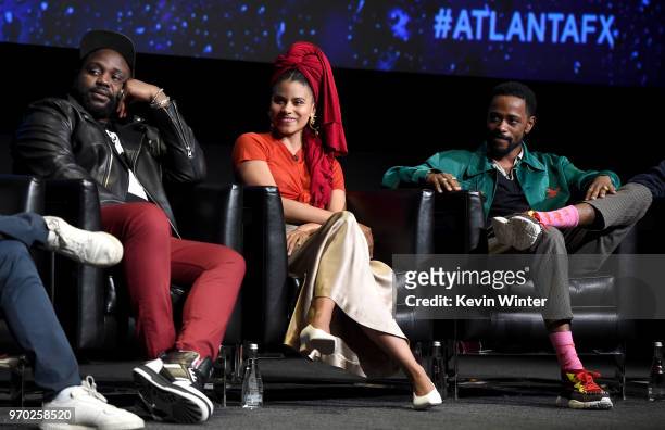 Actors Brian Tyree Henry, Zazie Beetz and Lakeith Stanfield appear onstage at FX's "Atlanta Robbin' Season" FYC Event at the Saban Media Center on...