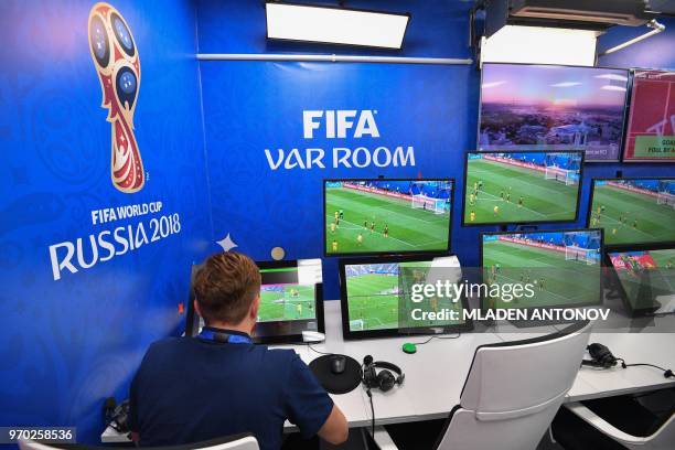 View of the video assistant refereeing operation room at the 2018 FIFA World Cup Russia International Broadcast Centre in Moscow on June 9, 2018.