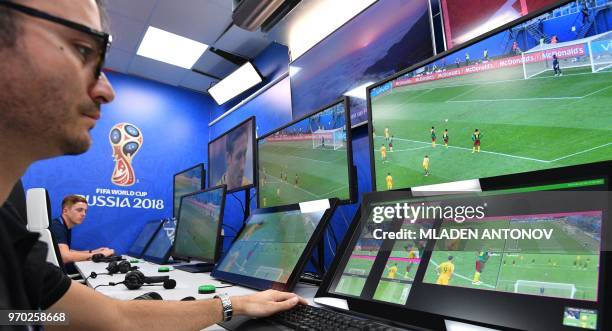 View of the video assistant refereeing operation room at the 2018 FIFA World Cup Russia International Broadcast Centre in Moscow on June 9, 2018.