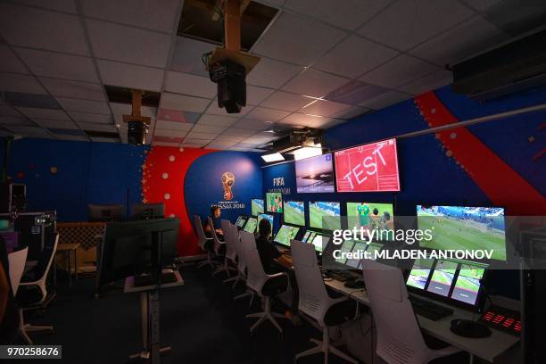 View of the video assistant refereeing operation room at the 2018 FIFA World Cup Russia International Broadcast Centre in Moscow on June 9, 2018.