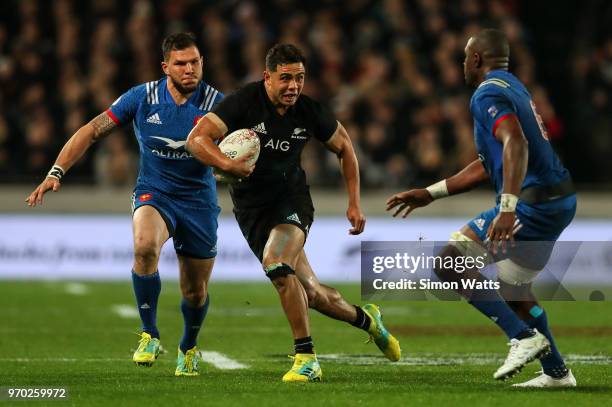 Anton Lienert-Brown of New Zealand makes a break during the International Test match between the New Zealand All Blacks and France at Eden Park on...