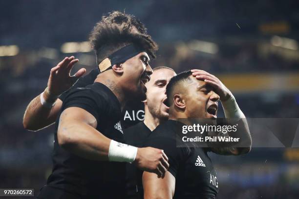 Ngani Laumape of the All Blacks celebrates scoring a try during the International Test match between the New Zealand All Blacks and France at Eden...