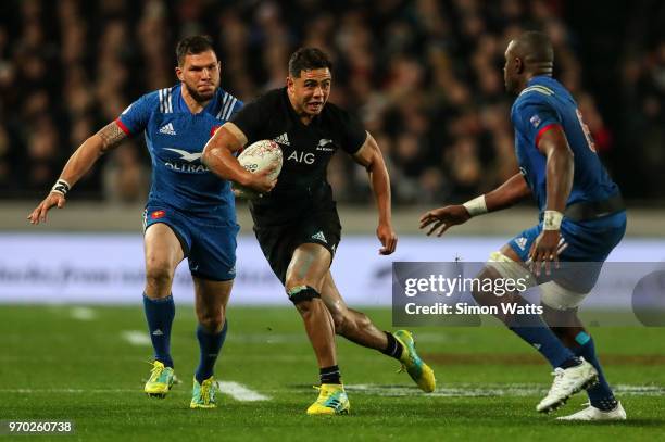 Anton Lienert-Brown of New Zealand makes a break during the International Test match between the New Zealand All Blacks and France at Eden Park on...