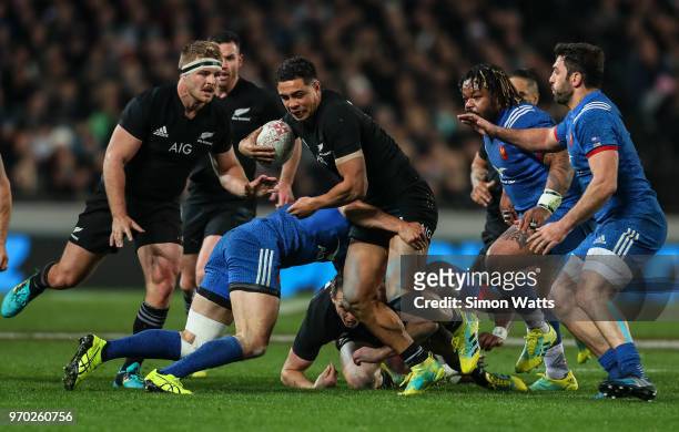 Anton Lienert-Brown of New Zealand makes a break during the International Test match between the New Zealand All Blacks and France at Eden Park on...