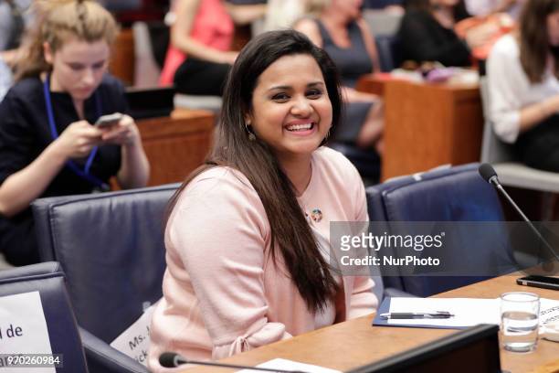 United Nations, New York, USA, June 08 2018 - Jayathma Wickramanayake, United Nations Secretary-Generals Envoy on Youth during a panel discussion...