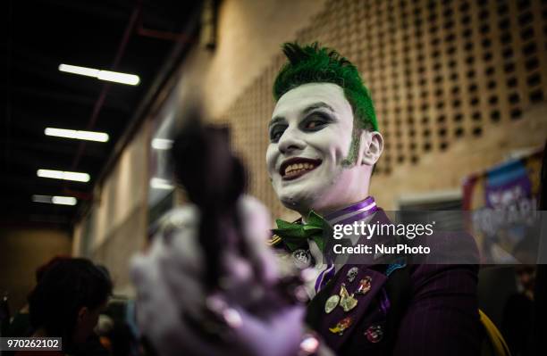 Cosplayers attend the 2018 ComicCon at Corferias in Bogota, Colombia on June 08, 2018. ComicCon Colombia arrives to Bogota as one of the most...