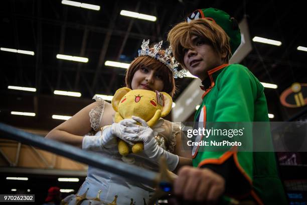 Cosplayers attend the 2018 ComicCon at Corferias in Bogota, Colombia on June 08, 2018. ComicCon Colombia arrives to Bogota as one of the most...