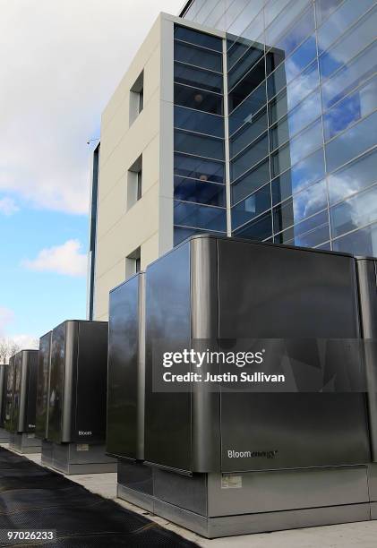 An installation of new Bloom Energy servers called the "Bloom Box" are seen in service at the eBay headquarters February 24, 2010 in San Jose,...