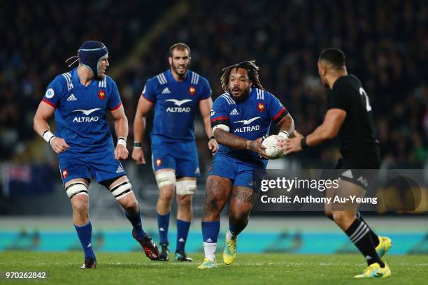 Mathieu Bastereaud of France runs the ball during the International Test match between the New Zealand All Blacks and France at Eden Park on June 9,...