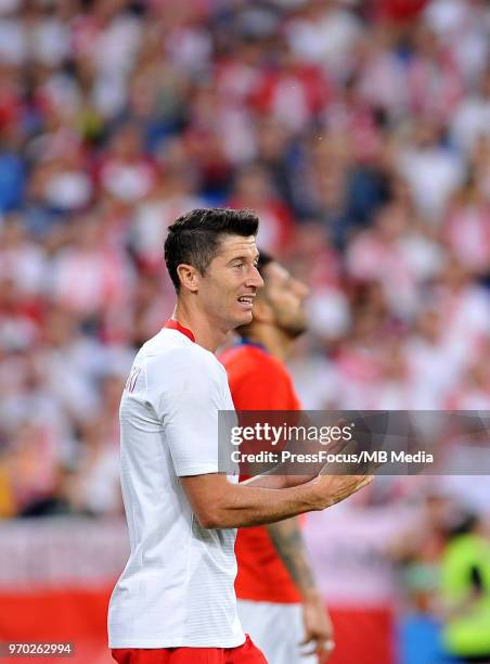 Robert Lewandowski of Poland reacts during International Friendly match between Poland and Chile on June 8, 2018 in Poznan, Poland.