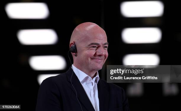 President, Gianni Infantino speaks to the Media during the Official Opening of the International Broadcast Centre on June 9, 2018 in Moscow, Russia.
