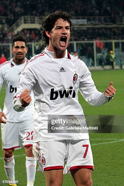 Pato of AC MIlan celebrates his 2:1 goal during the Serie A match between ACF Fiorentina and AC Milan at Stadio Artemio Franchi on February 24, 2010...