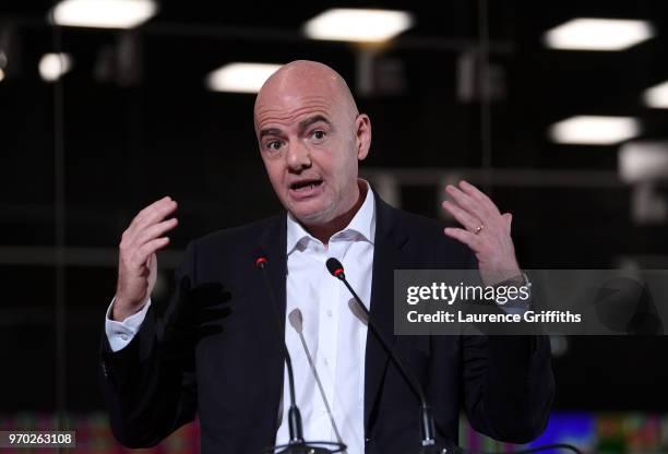 President, Gianni Infantino speaks to the Media during the Official Opening of the International Broadcast Centre on June 9, 2018 in Moscow, Russia.