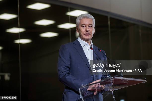 Mayor of Moscow Sergey Sobyanin speaks during the Official Opening of the IBC & Visit to VAR Operation Room on June 09, 2018 in Moscow, Russia.