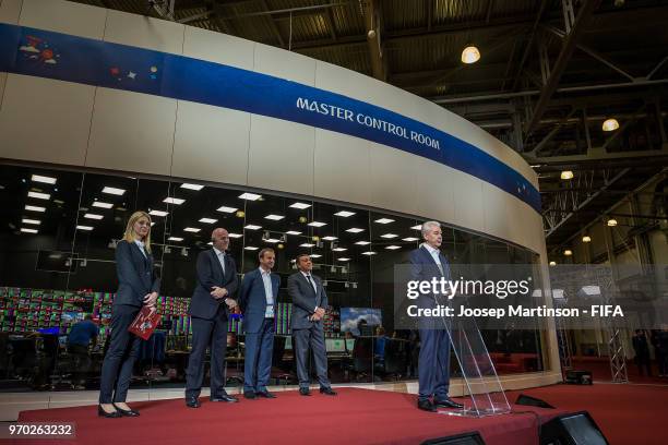 Mayor of Moscow Sergey Sobyanin speaks during the Official Opening of the IBC & Visit to VAR Operation Room on June 09, 2018 in Moscow, Russia.