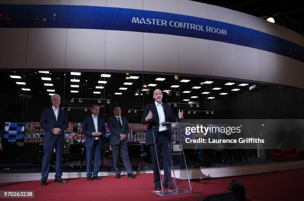 President, Gianni Infantino speaks to the Media in front of Mayor of Moscow, Sergey Sobyanin, LOC Chairman, Arkady Dvorkovich and President of the...