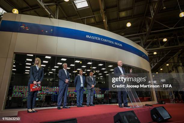 President Gianni Infantino speaks during the Official Opening of the IBC & Visit to VAR Operation Room on June 09, 2018 in Moscow, Russia.