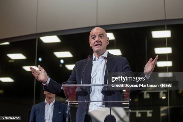 President Gianni Infantino speaks during the Official Opening of the IBC & Visit to VAR Operation Room on June 09, 2018 in Moscow, Russia.