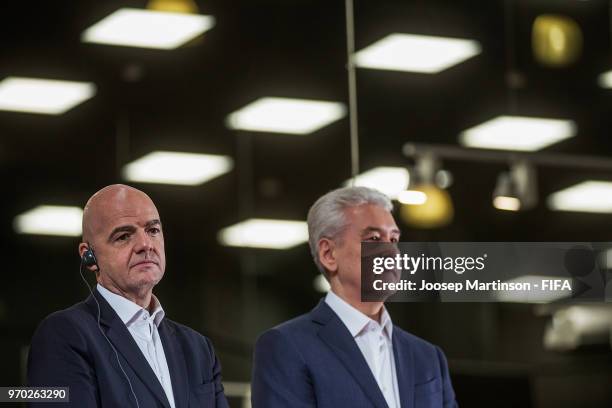 President Gianni Infantino and Mayor of Moscow Sergey Sobyanin look on during the Official Opening of the IBC & Visit to VAR Operation Room on June...