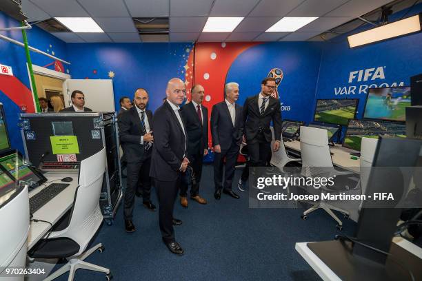 President Gianni Infantino and Mayor of Moscow Sergey Sobyanin visit the VAR room during the Official Opening of the IBC & Visit to VAR Operation...