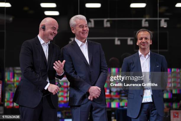 President, Gianni Infantino shares a joke with Mayor of Moscow, Sergey Sobyanin and LOC Chairman, Arkady Dvorkovich during the Official Opening of...