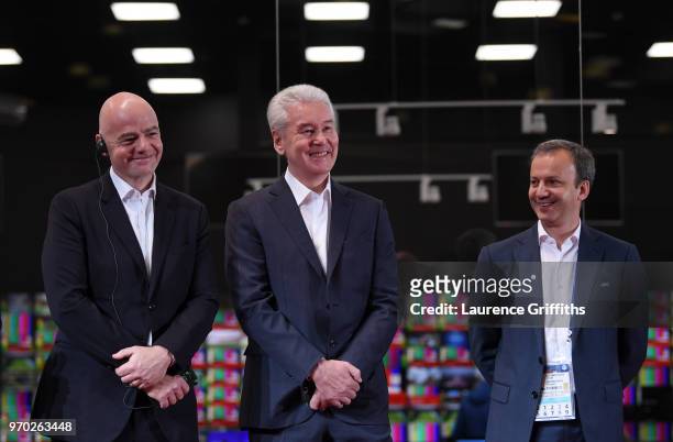 President, Gianni Infantino shares a joke with Mayor of Moscow, Sergey Sobyanin and LOC Chairman, Arkady Dvorkovich during the Official Opening of...