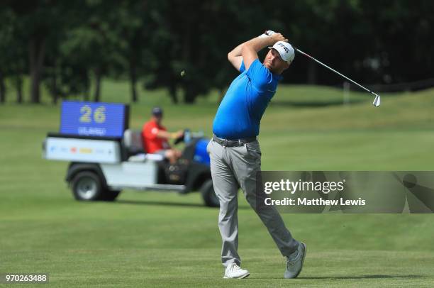 Adam Bland of Australia plays a shot from the 1st fairway during Day Three of The 2018 Shot Clock Masters at Diamond Country Club on June 9, 2018 in...