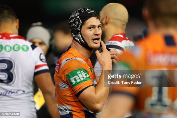 Kalyn Ponga of the Knights during the round 14 NRL match between the Newcastle Knights and the Sydney Roosters at McDonald Jones Stadium on June 9,...