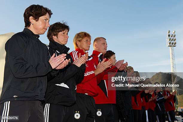 Head coach Maren Meinert of Germany applauds prior to the Women's international friendly match between Germany and USA on February 24, 2010 in La...
