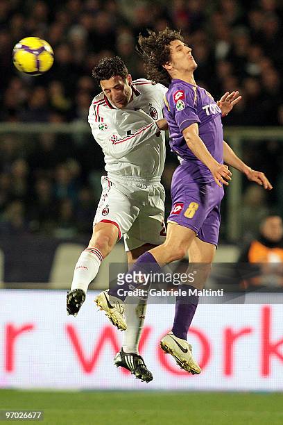 Daniele Bonera of AC Milan and Stevan Jovetic of ACF Fiorentina go up for a header during the Serie A match between ACF Fiorentina and AC Milan at...