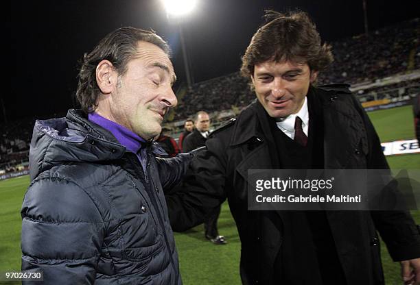 Fiorentina's head coach Cesare Prandelli and Milan's head coach Leonardo greet each other before the Serie A match between ACF Fiorentina and AC...