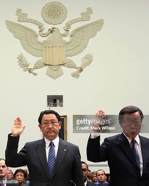Toyota Motor Corporation President and CEO Akio Toyoda and Toyota Motor North America CEO Yoshiumi Inaba are sworn-in before the House Oversight and...