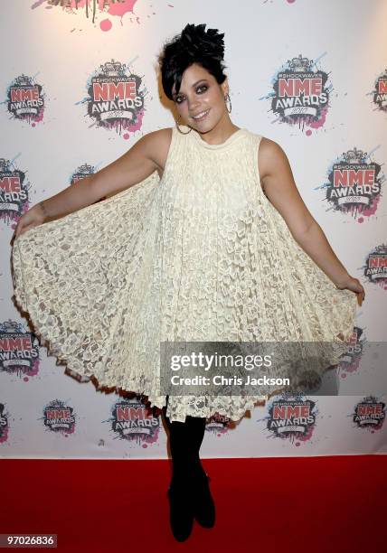 Lily Allen arrives at the Shockwaves NME Awards 2010 at Brixton Academy on February 24, 2010 in London, England.