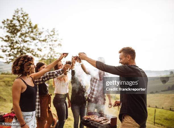 amigos animando estar juntos durante el pic-nic - barbacoa amigos fotografías e imágenes de stock