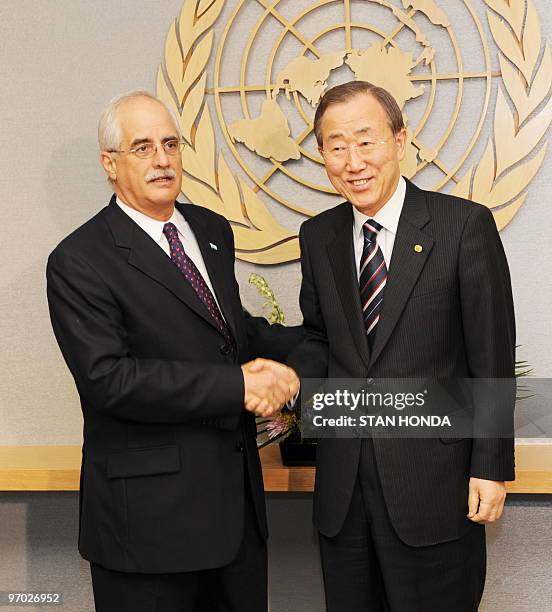 Jorge E. Taiana , Foreign Minister of Argentina shakes hands with United Nations Secretary General Ban Ki-Moon February 24, 2010 at United Nations...