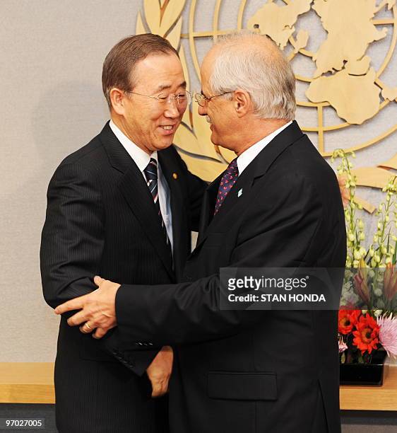 Jorge E. Taiana , Foreign Minister of Argentina is greeted by United Nations Secretary General Ban Ki-Moon February 24, 2010 at United Nations...