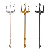 Tridents, silver, golden and black metal, isolated on white background