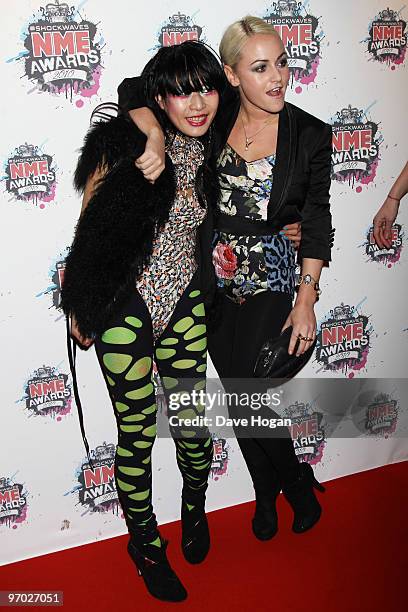 Akiko Matsuura and Jaime Winstone arrive at the Shockwaves NME Awards 2010 held at Brixton Academy on February 24, 2010 in London, England.