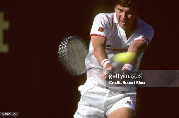 Jimmy Connors hits a backhand against Ivan Lendl during the finals of the 1986 Paine Webber Classic on March 24, 1986 in Fort Myers, Florida.