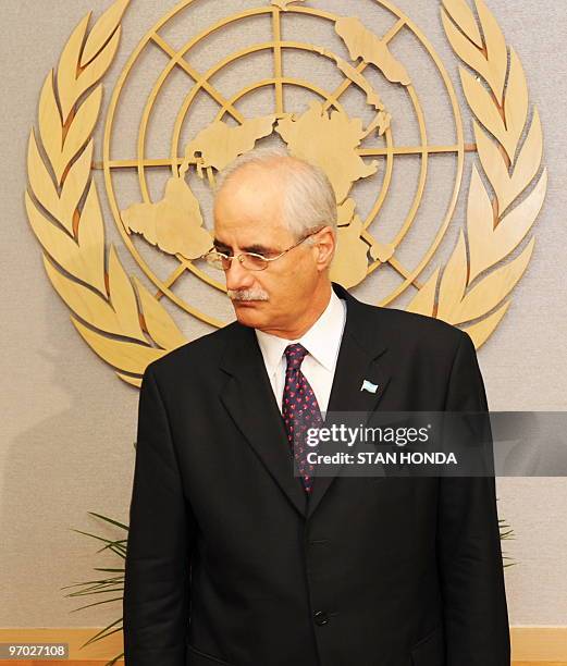 Jorge E. Taiana, Foreign Minister of Argentina, stands in front of the United Nations seal February 24, 2010 just before his meeting with UN...