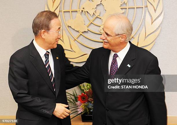 Jorge E. Taiana , Foreign Minister of Argentina is greeted by United Nations Secretary General Ban Ki-Moon February 24, 2010 at United Nations...