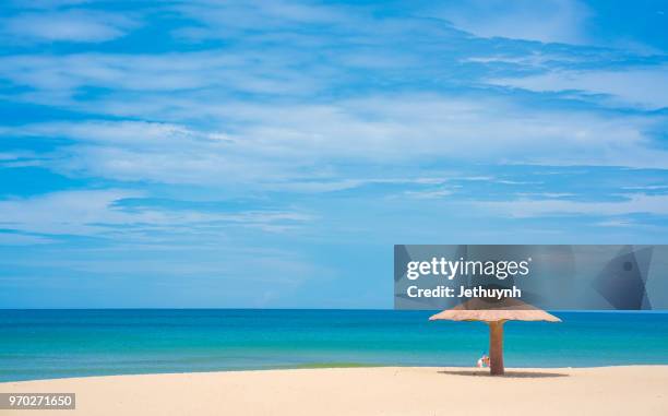 umbrella on beach cloudy blue sky - phu yen province stock pictures, royalty-free photos & images