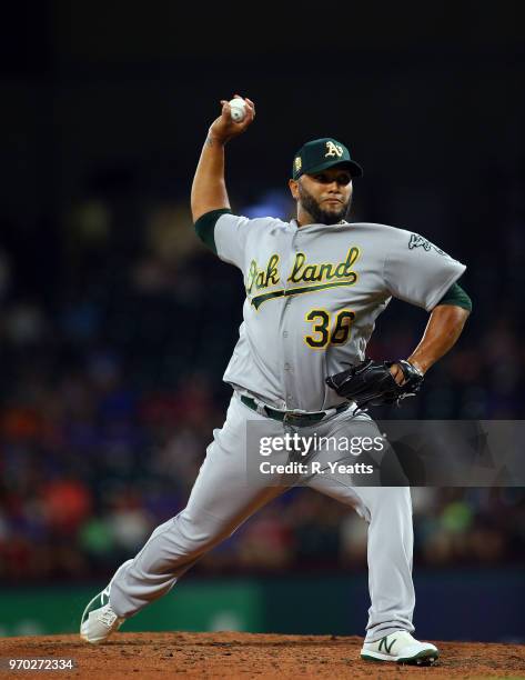 Yusmeiro Petit of the Oakland Athletics throws in the sixth inning against the Texas Rangers at Globe Life Park in Arlington on June 5, 2018 in...