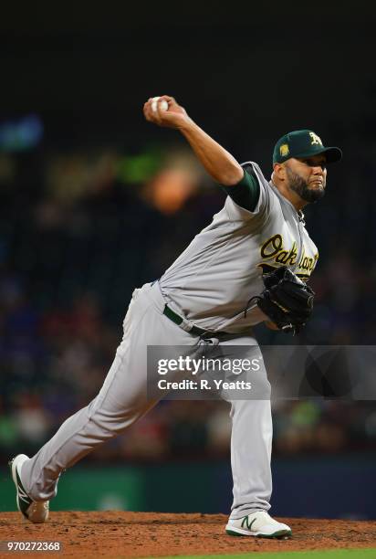 Yusmeiro Petit of the Oakland Athletics throws in the sixth inning against the Texas Rangers at Globe Life Park in Arlington on June 5, 2018 in...