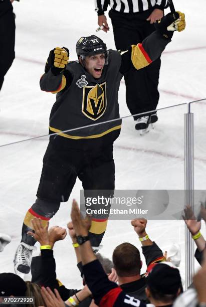 David Perron of the Vegas Golden Knights reacts after scoring a second-period goal against the Washington Capitals in Game Five of the 2018 NHL...