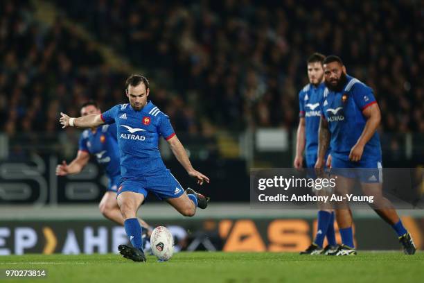 Morgan Parra of France kicks a penalty during the International Test match between the New Zealand All Blacks and France at Eden Park on June 9, 2018...