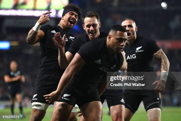 Ngani Laumape of the All Blacks celebrates his try during the International Test match between the New Zealand All Blacks and France at Eden Park on...