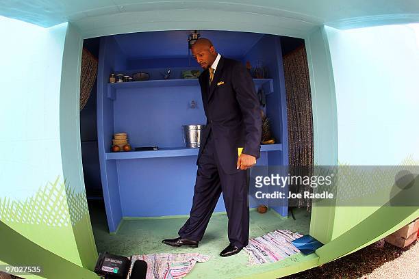 Alonzo Mourning looks at a structure manufactured by InnoVida as the company announces plans to donate some of the homes to those displaced during...