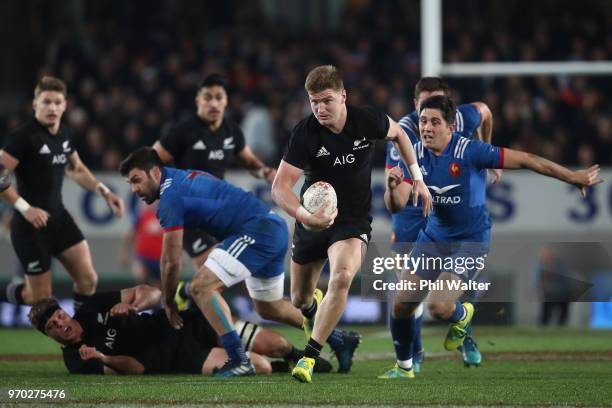 Jordie Barrett of the All Blacks on the attack during the International Test match between the New Zealand All Blacks and France at Eden Park on June...