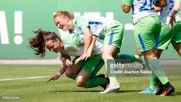 Lotta Cordes and Lea Wohlfahrt of Wolfsburg celebrate after the goal 2:0 for Wolfsburg during the Germany U17 Girl's Championship Final match between...